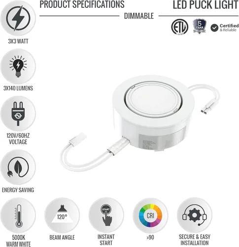 Miniatura 2 de LEDMyplace - Kit de 3 luces LED de disco de 3 x 3 W, luz blanca de 5000 K, luces LED debajo del gabinete, ángulo de haz de 120°, CRI 90+, 0V-10V