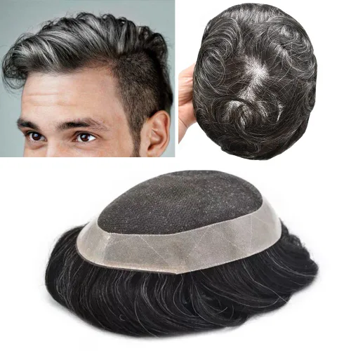 Peluca de encaje francés superfina para hombres, postizos de encaje con sistemas de poliuretano, piel fina en todo el contorno del cabello humano,
