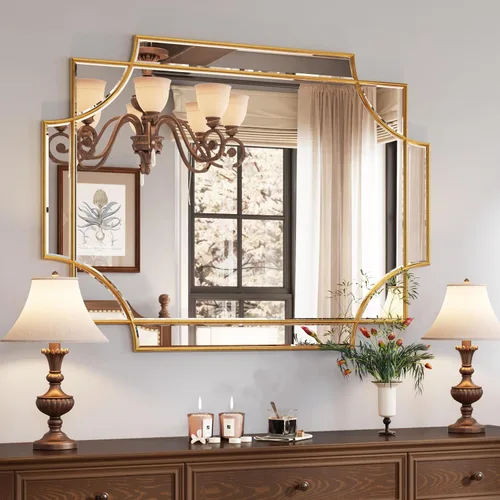 Miniatura 16 de Kelly Miller Espejo con marco dorado para pared, 26 x 26 pulgadas, espejo de tocador cuadrado dorado, espejo decorativo biselado para decoración