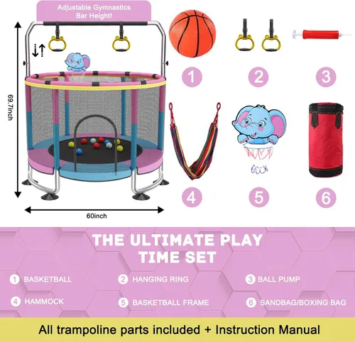 Miniatura 8 de Yozoia 60" Toddler Trampoline, Indoor Trampoline for Kids with Safety Enclosure, 440LBS Support, Adjustable Gymnastics Bar & Toys for Boys Girls