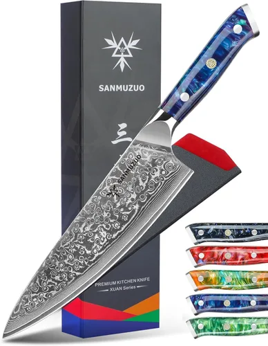 Cuchillo de chef de 8 pulgadas, serie Xuan, VG10, cuchillo de cocina de acero damasco, mango de resina (azul zafiro)