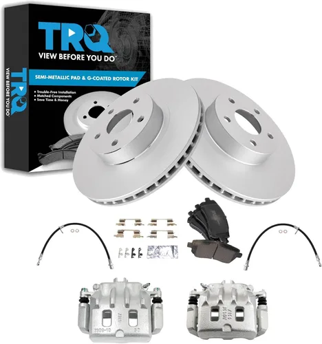 Miniatura 17 de TRQ Kit de pastillas de freno delantero y rotor, pinza de freno, manguera de freno, rotor de freno, semimetálico, revestimiento G, compatible
