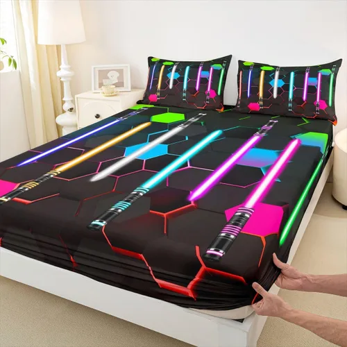 Miniatura 4 de Juego de ropa de cama con sable de luz geométrico, tamaño individual, color azul neón y morado, diseño de panal claro, para niños, niñas y hombres