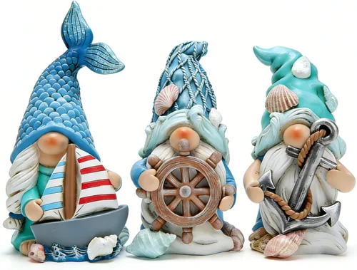 Miniatura 8 de Hodao Figuras de gnomos del océano costero – Gnomos de playa de resina pintados a mano con sombreros de conchas y estrellas de mar, decoraciones