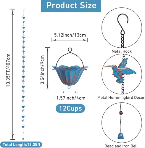 Miniatura 2 de Cadena de lluvia de 13.4 pies, cadenas de lluvia de colibrí para exterior, campana de cadena de lluvia de cobre con 12 tazas, cadena decorativa