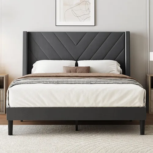 Miniatura 17 de WLIVE Base de cama tapizada de tamaño matrimonial con cabecera de ala de 48 pulgadas de alto, cama cuadrada de terciopelo con estación de carga