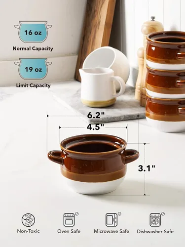 Miniatura 3 de LE TAUCI Tazones de Sopa de Cebolla Francesa con Asas, 16 Oz Tazones de Cerámica para Sopa de Cebolla Francesa Aptos para Horno para Sopa, Chile