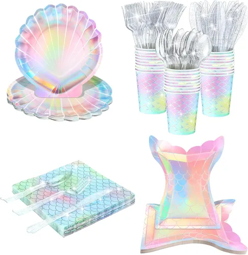 Miniatura 8 de 144 piezas de suministros para fiesta de sirenas, decoraciones temáticas de sirenas, juego de vajilla para fiesta bajo el mar, incluye platos