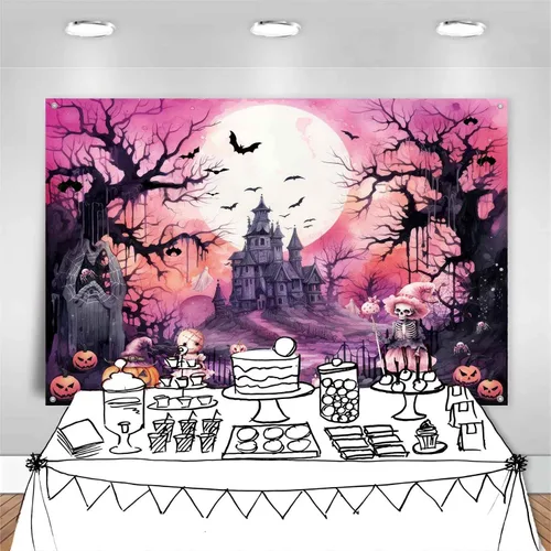 Miniatura 6 de Pancarta de fondo rosa de Halloween, bruja espeluznante, decoración de fiesta de cumpleaños de Halloween, fantasma rosa y negro, decoración de pared