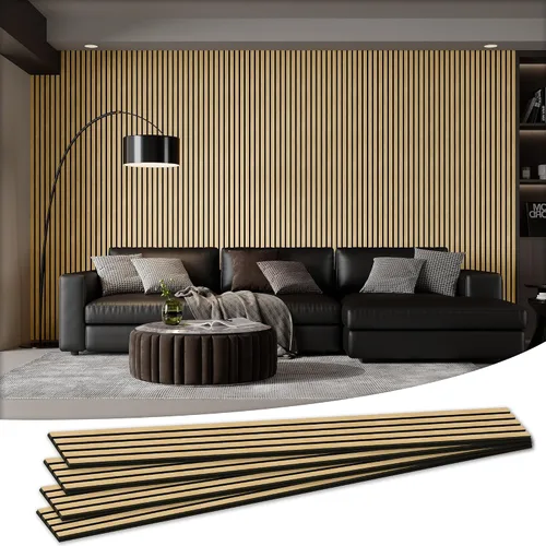 Miniatura 21 de Paquete de 4 paneles acústicos de pared de 105.9" x 12.6" x 0.8" que absorben sonido, paneles de pared de listones de madera para decoración de Teca