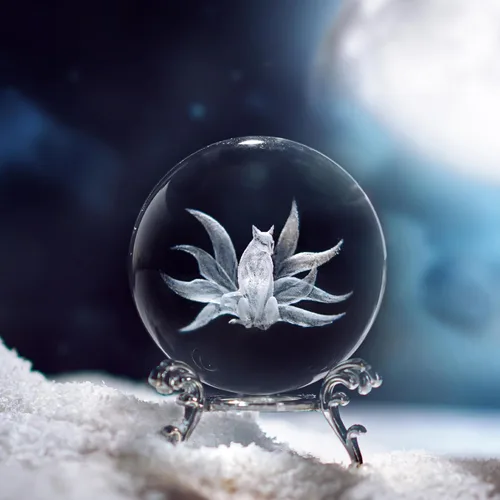 Miniatura 3 de HDCRYSTALGIFTS Bola de cristal 3D con soporte - 60 mm Escultura de zorro de nueve colas tallada con láser de vidrio Esfera completa artística Bola