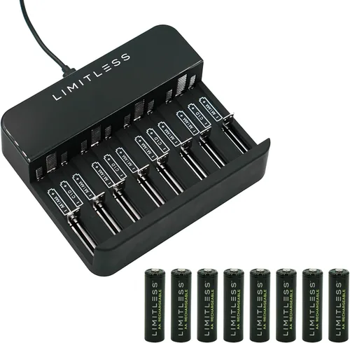 Limitless Pilas recargables AA de 8 unidades con cargador, baterías NiMH de alta capacidad de 2700 mAh universales y sistema de carga de baterías de