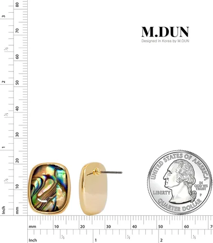 Miniatura 4 de Aretes de forma rectangular con bordes redondos. Diseño de piedra de resina de ámbar turquesa abulón, bisel chapado en oro real de 18 quilates