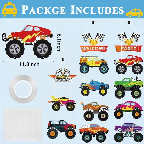 Miniatura 2 de Containlol 13 piezas de Monster Car Truck suministros para fiesta de cumpleaños de autos divertidos, decoraciones de fiesta de camión, recortes