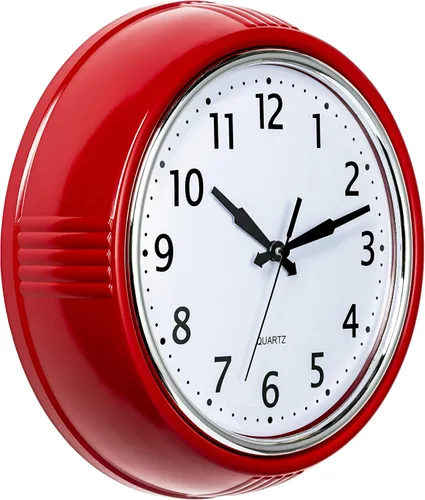 Bernhard Products - Reloj de pared retro de 24 cm, color rojo para cocina, diseño vintage de los años 50, redondo, silencioso, no hace tictac, reloj