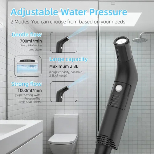 Miniatura 4 de Bidé portátil para viajes con modos de presión de agua suave y fuerte, bidé de viaje recargable USB-C, tanque de agua grande de 2.3 L para uso Negro