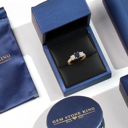 Miniatura 5 de Anillo de compromiso de 3 piedras preciosas con piedra natal para mujer en plata chapada en oro amarillo de 18 quilates, ovalado de 0.276 x 0.197