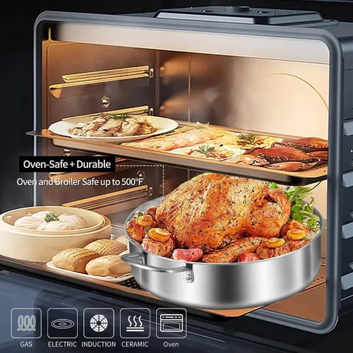 Miniatura 3 de LOLYKITCH Sartén tricapa de acero inoxidable de cuerpo entero de 5.5 QT con tapa, sartén para freír de 12 pulgadas, olla grande, apta para Plateado