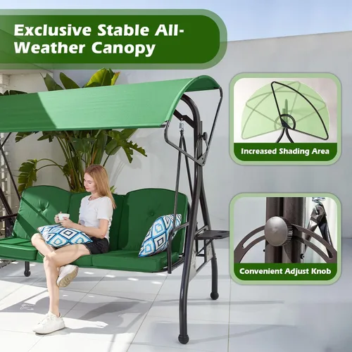 Miniatura 5 de ZZW 800LBS - Columpio de patio con toldo, 3 asientos, columpio para porche al aire libre con soporte, portavasos y almohada, silla columpio