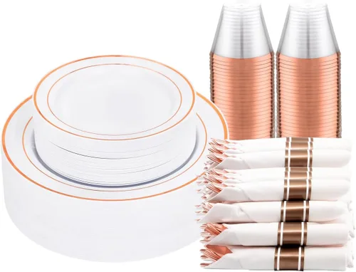 Miniatura 29 de Juego de vajilla de 350 piezas de color oro rosa de DaYammi – Incluye: 50 platos de cena de 26 cm, 50 platos de postre de 19 cm, 50 cubiertos de oro