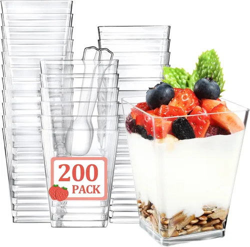 Miniatura 10 de Eupako Paquete de 50 vasos cuadrados de plástico transparente de 5 onzas con tapas y cucharas, juego de vasos pequeños de plástico transparente, 50