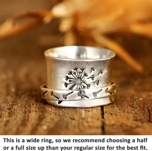 Miniatura 2 de Boho-Magic Anillo giratorio de plata de ley 925 para mujer, diseño de flor de diente de león para aliviar la ansiedad, banda ancha, Metal,