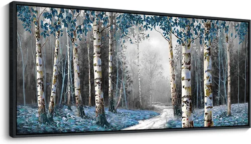 HKDGOKA Arte de Pared de Paisaje Grande, Pintura en Lienzo Abstracta de Árbol de Abedul Gris Azul, Cuadro de Bosque Brumoso Moderno, Obra de Arte