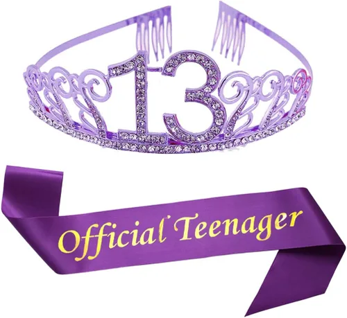 Tiara morada de 13 cumpleaños y banda de satén con purpurina y corona de tiara de diamantes de imitación de cristal para fiesta de cumpleaños de 13