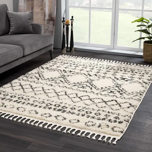 Miniatura 9 de Hauteloom, Duncans - Alfombra de estilo granja de pelo mullido para sala y dormitorio, con borlas - Beige, carbón, gris - 2 pies 7 pulgadas x 7 pies