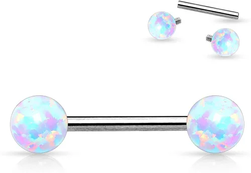 Miniatura 3 de Arete piercing para pezón de acero inoxidable calibre 14 rosca interior con bolas de ópalo 316L