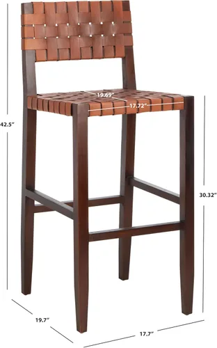 Miniatura 3 de Safavieh Home Collection Paxton Taburete de bar de cuero tejido de nogal y coñac de 30 pulgadas