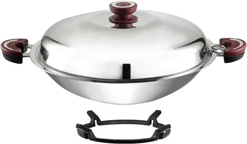 BUFFALO Sartén para wok de acero inoxidable con tapa, parte inferior redonda de 14 pulgadas (13.8 in), utensilios de cocina antiadherentes de tres