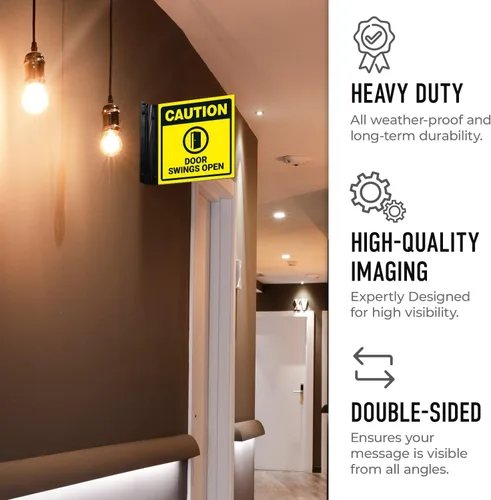 Miniatura 5 de Caution Doors Swings - Letrero de proyección abierto, doble cara, 6 x 6 pulgadas, ACM, con accesorio negro satinado, fabricado en Estados Unidos