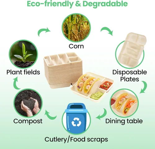 Miniatura 4 de Soportes desechables para tacos de 2 compartimentos para 2 tacos y 2 lados, borde elevado extra profundo, almidón de maíz biodegradable, apto