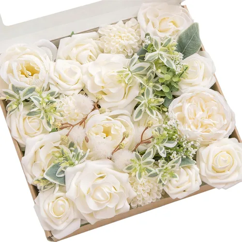 Miniatura 36 de Ling's moment Caja de Flores Falsas, Tallos de Vegetación Artificial Falsa Rosas de Espuma Dalias de Seda Hojas de Rosa Flor de Tela para Centros