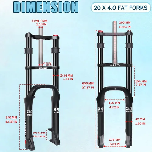Miniatura 6 de BUCKLOS 20 pulgadas 4.0 Fat Tire Bike Suspension Tenedor, 7.087 in Travel 5.315 in Spacing Hub 0.354 in QR Ebike Oil MTB Fat Fork, Doble Corona