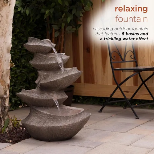 Miniatura 6 de Alpine Corporation WIN1332L-BR - Fuente de piso para exterior con cuenco escalonado y luces LED, fuente de jardín moderna de cuenco de 31", marrón