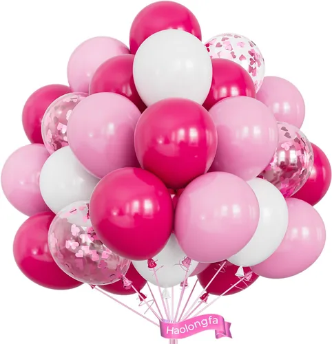 Globos rosa, 60 globos de color rosa fuerte y blanco, globos de confeti magenta para niñas, decoración temática de cumpleaños, baby shower,