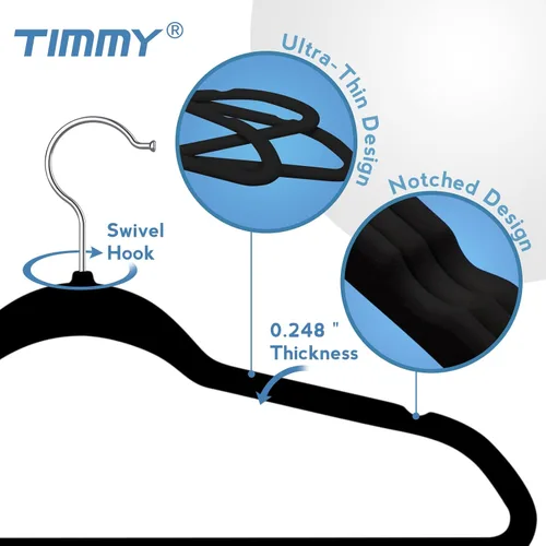 Miniatura 3 de TIMMY Perchas de terciopelo de alta calidad – Perchas negras resistentes antideslizantes que ahorran espacio para abrigos, trajes y suéteres