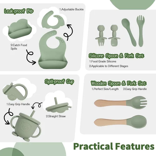 Miniatura 4 de Suministros de destete dirigido por el bebé, juego de alimentación de silicona de 17 piezas sin BPA, utensilios esenciales para comer para bebés