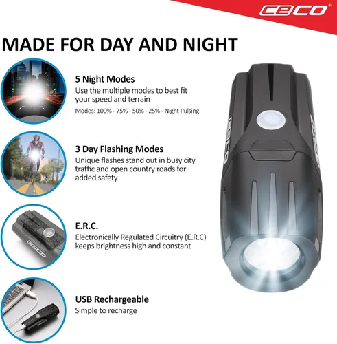 Miniatura 3 de CECO -Estados Unidos: Luz de bicicleta recargable USB de 1.200 lúmenes - Resistente y duradera IP67 impermeable y resistente a los impactos FL-1