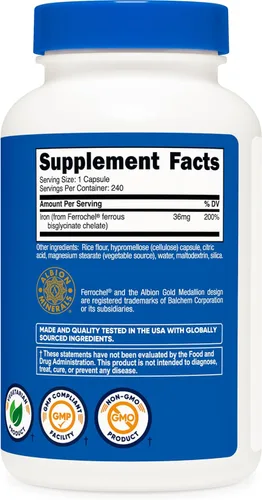 Miniatura 5 de Nutricost Hierro quelado, Como Ferrochel, 36 mg, 240 Cápsulas (2 Botellas)
