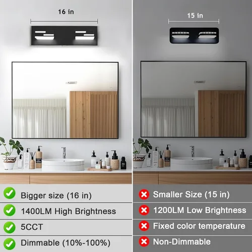Miniatura 7 de Lámparas LED modernas para tocador de baño, 2 luces regulables de 15 pulgadas, color negro mate, para accesorios de iluminación de baño sobre