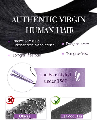 Miniatura 3 de LaaVoo Extensiones de cabello humano con puntas I Tip de color negro azabache, extensiones de cabello humano real de los años 60, sedoso y lacio