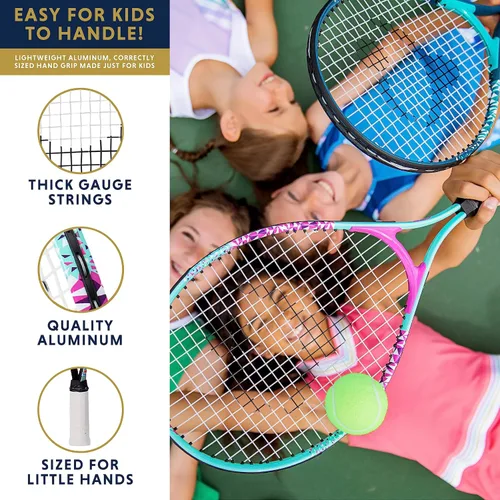 Miniatura 9 de Raqueta de tenis para niños con videos de entrenamiento – Raqueta de tenis juvenil de aluminio con mango de neopreno para niños de 5 a 12 años