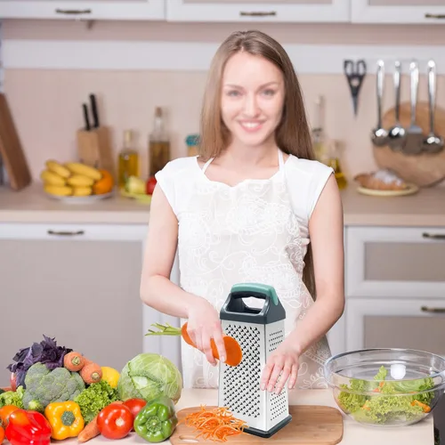 Miniatura 8 de Rallador de caja, rallador de queso de acero inoxidable de 4 caras con asa, rallador de alimentos para cocina, rebanador de queso para alimentos