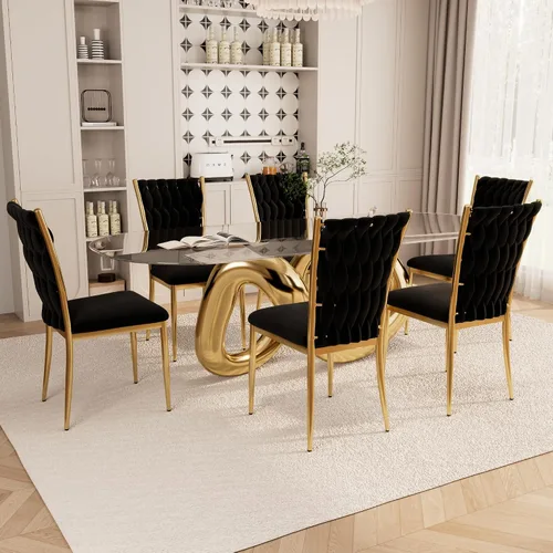 Miniatura 32 de Juego de 2 sillas de comedor de terciopelo, modernas sillas de cocina tejidas con patas de metal dorado, cojín tapizado con respaldo alto