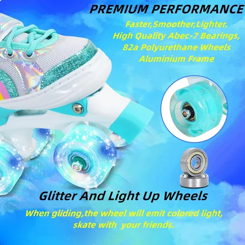 Miniatura 3 de Patines de ruedas Nattork para niños y niñas, patines cuádruples ajustables en 4 tallas para niños con ruedas iluminadas, genial regalo de verde