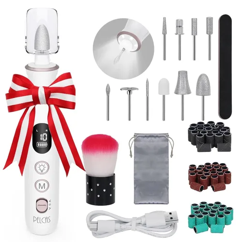 PELCAS Lima de uñas eléctrica, taladro de uñas inalámbrico de 10 velocidades con luz LED, kit portátil de manicura y pedicura, molinillo de uñas con