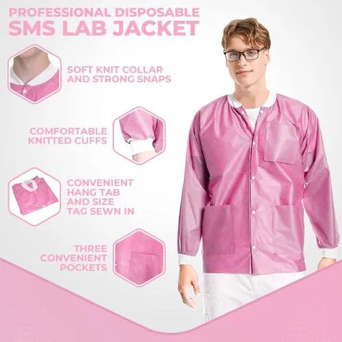 Miniatura 52 de Paquete de 10 chaquetas desechables de laboratorio, chaqueta médica reutilizable hasta la cadera, unisex, con puños de punto y bolsillos